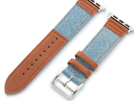 Apple Watch Bands 42 44 45 49mm - Light Blue Jean With Black Leather For Sale