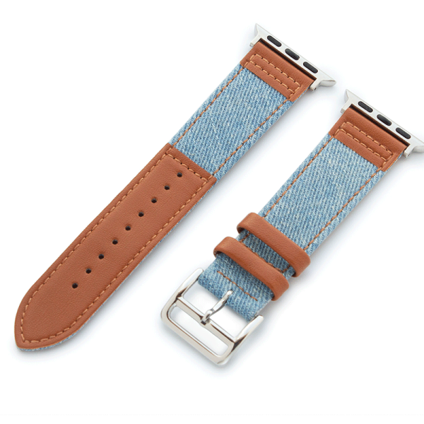 Apple Watch Bands 42 44 45 49mm - Light Blue Jean With Black Leather For Sale