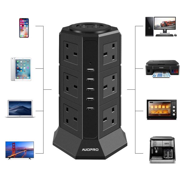 Vertical Power Socket Outlets with 4 USB-A & 1 USB-C Ports Online Sale