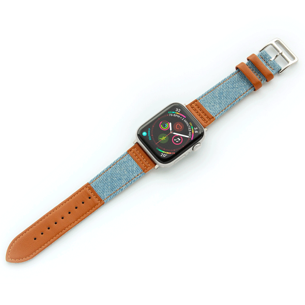 Apple Watch Bands 42 44 45 49mm - Light Blue Jean With Black Leather For Sale