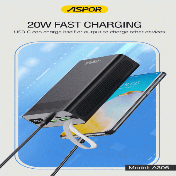 Aspor A306 Power Bank - 30000mAh   20W   Micro USB   Type-C   Lightning   Black Sale