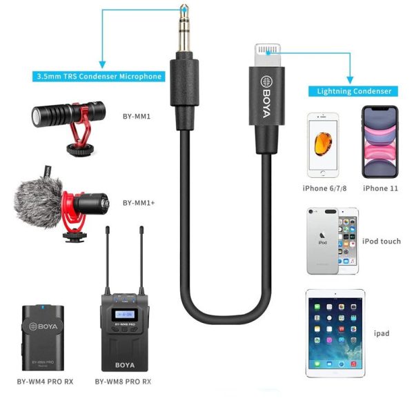 BOYA BY-K1 3.5mm TRS Male Adapter Cable - 3.5mm   ‎Lightning - Black on Sale