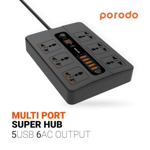 Porodo Multi-Port Super Hub with 6 Universal AC Sockets 13A 3000W - Black Online Hot Sale