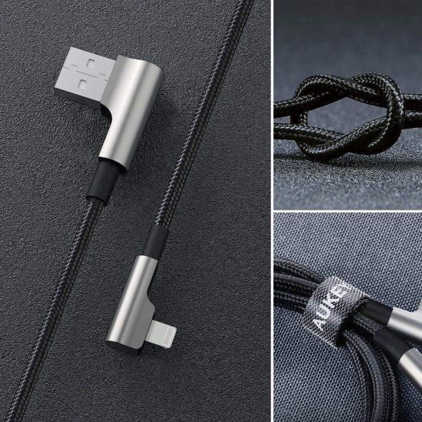 AUKEY 90 Degree Braided Nylon Sync & Charge Lightning Cable (1.2m   3.95ft) - Black Hot on Sale