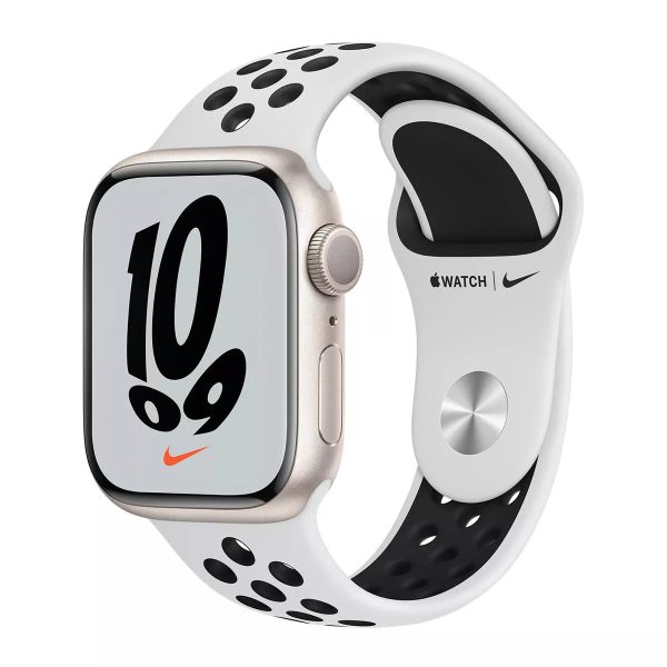 Apple Watch Series 7 45mm GPS + Cellular Starlight Aluminum Case Pure Platinum Black Nike Sports Band on Sale