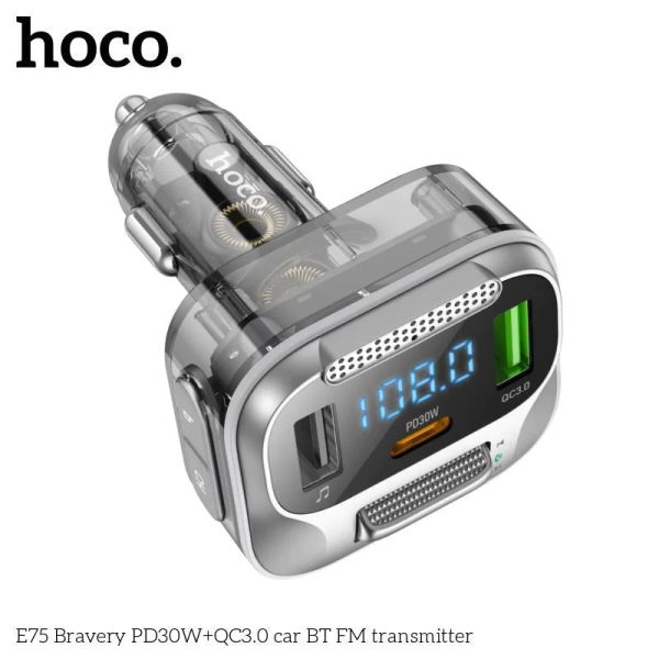 Hoco E75 30W PD USB QC3.0 Car Bluetooth MP3 FM Transmitter Charger – Black Hot on Sale