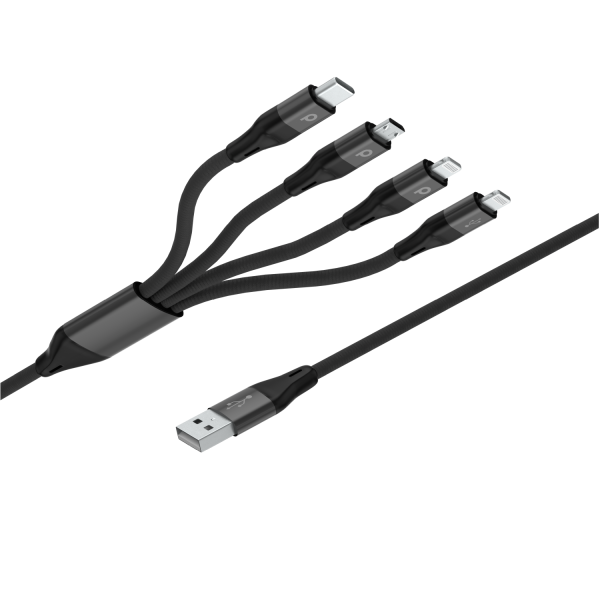 Porodo 4in1 Aluminum Braided Fast Charge Cable (1.2m 4ft) - Black on Sale