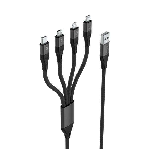 Porodo 4in1 Aluminum Braided Fast Charge Cable (1.2m 4ft) - Black on Sale