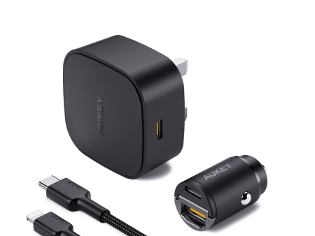 Aukey 20W Compact PD Charger + USB-C - Lightning Cable  + 30W Car Charger   Black - Bundle Offer Fashion